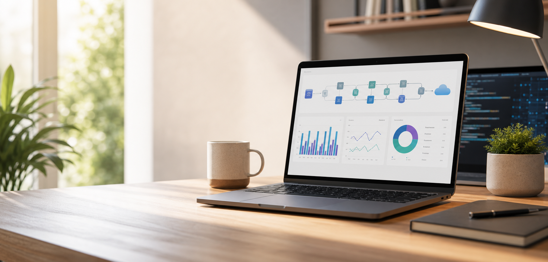 Modern data engineering workspace with dashboards and pipeline visuals